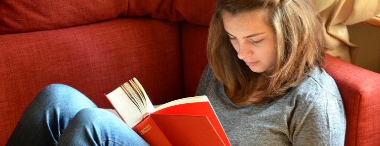 Young girl reading orange cover book on sofa