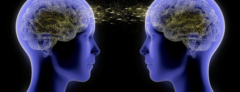 Digital render illustration of two people performing telepathy while looking at each other - Illustration( Sanja Karin Music)s