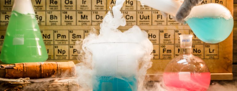 University chemical lab during experiment with periodic table of elements(Shaiith)S