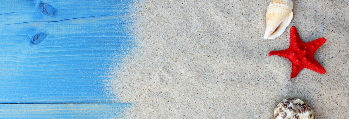 Summer background with sea shells and red star with sand on blue wooden planks. Copy space(panna-yulka)s