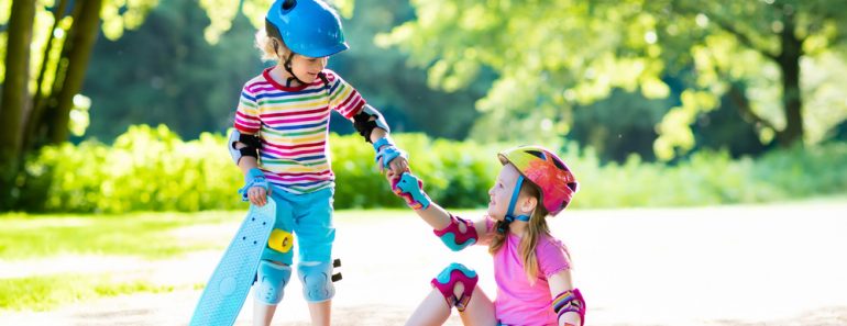 Children,Riding,Skateboard,In,Summer,Park.,Little,Girl,And,Boy