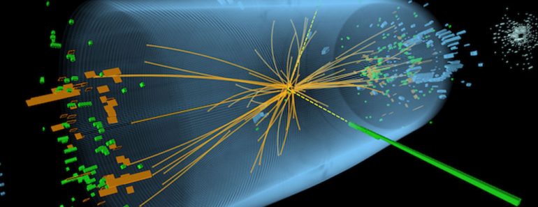 The decay of the Higgs boson (in yellow) into other elementary particles in LHC is shown