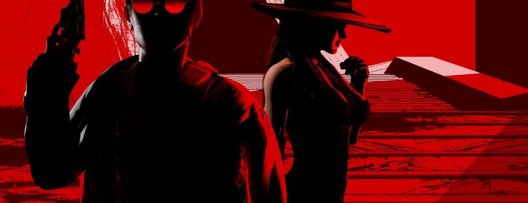 3d render noir illustration of armed detective woth gun posing with lady in black dress and hat on red and black styled city stairs and skyscrapers on background.