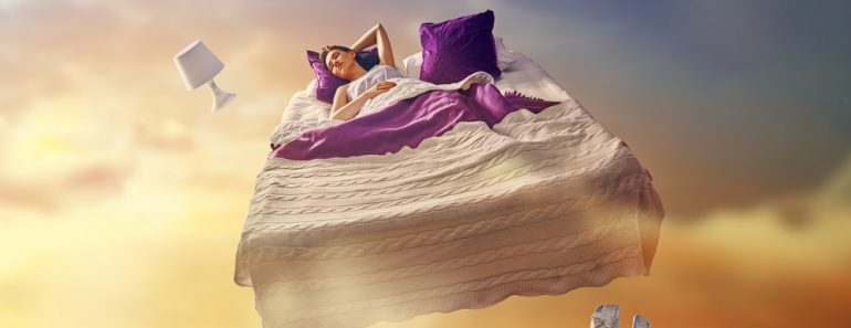 Woman's,Dreams.,Pretty,Girl,Is,Flying,In,Her,Bed,Trough