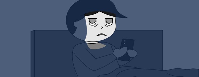 A cartoon of a young man sitting up in bed with only the light from his phone screen lighting up his face