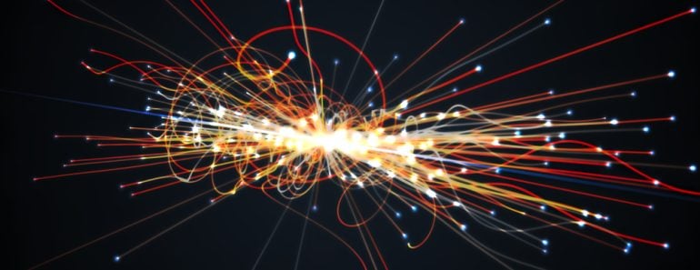 Particles collision in Hadron Collider. Astrophysics concept. 3D rendered illustration.